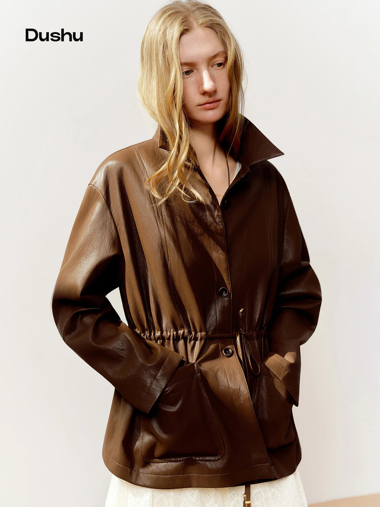 DUSHU 2026 Spring Women's Drawstring Waist Oversized Leather Jacket - Flattering Fit Cropped Motorcycle Style PU Coat for Casual 260916