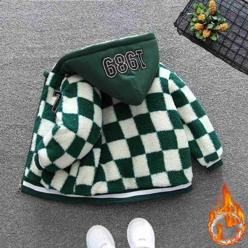 Parkas Lamb Coat Wool Boys 2025 Winter Children Girls Thick Checkerboard Hooded Jacket Kid Clothing Baby Warm Outerwear J260917