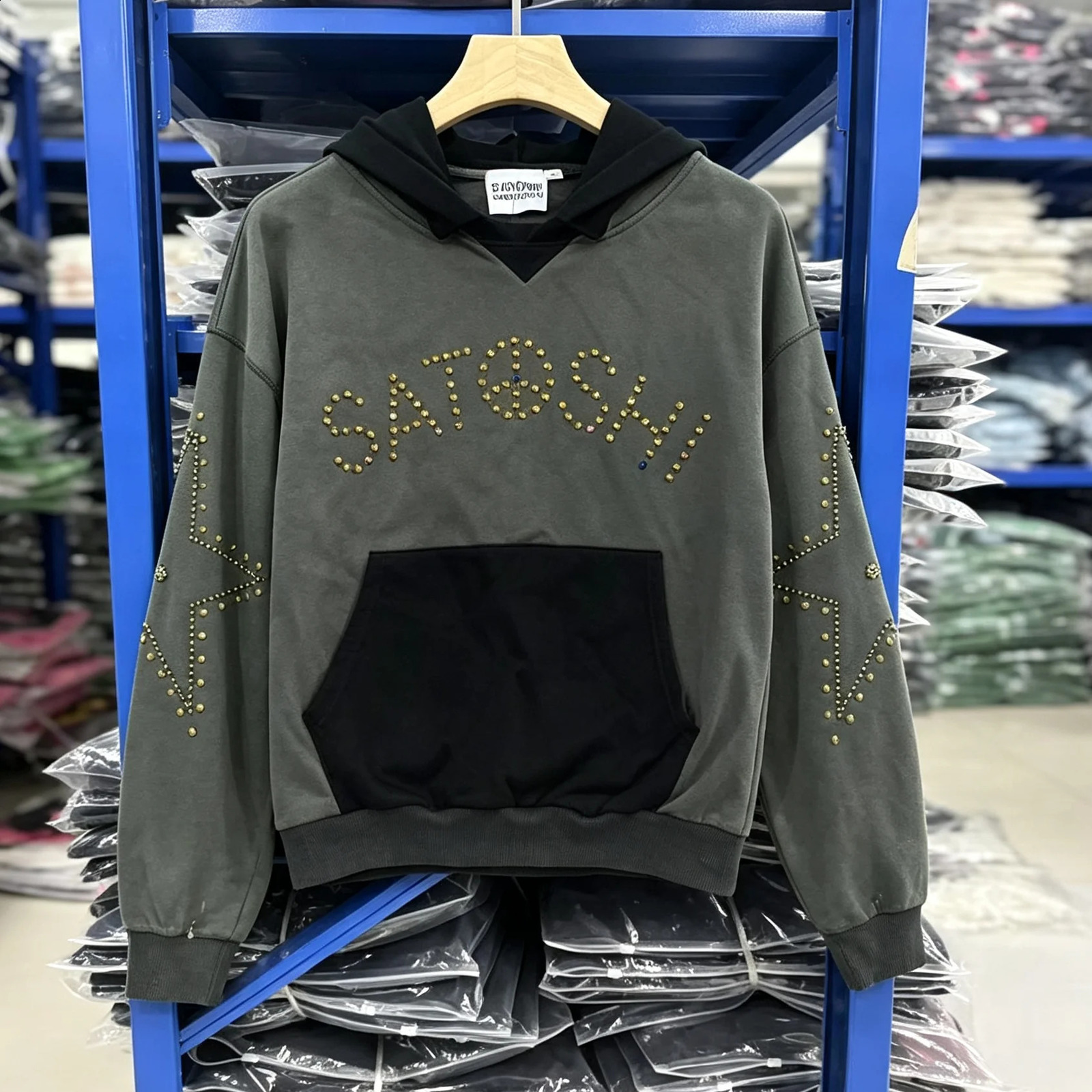 American High Street SATOSHI Hooded Sweatshirts Contrast Color Rivet Letterstyle Pullover Men Women Vintage Loose Hoodie 260914