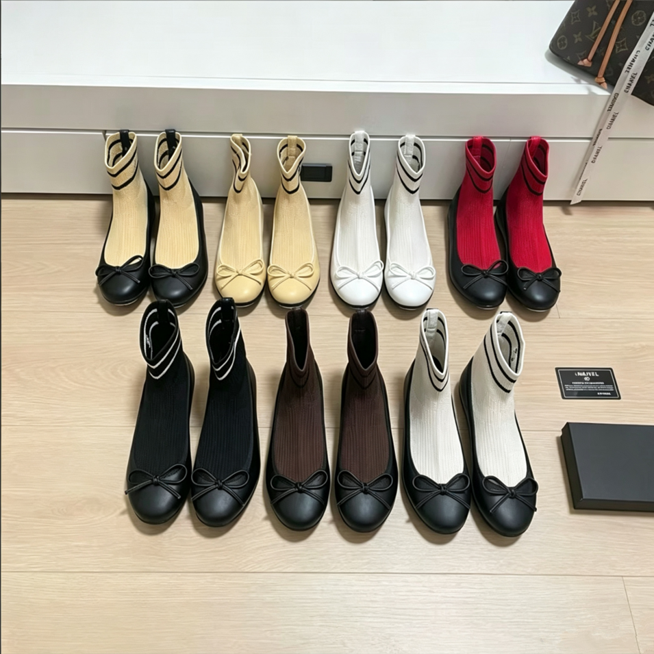Women Sock Ankle Boots Knit Stretch Sock Top Ballet Flats with Bow Detail Two-Tone Slip On Casual Walking Dress Shoes for Daily Wear womens boots de