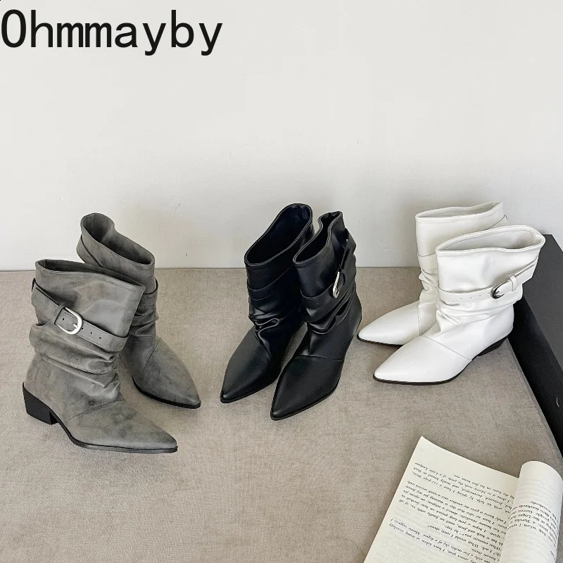Autumn Pointed Toe Mid Calf Boots Women Buckle Strap Square Heel Slip On Western Cowboy Ladies Daily Party Footwear 260916
