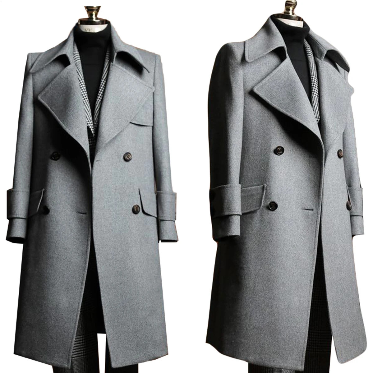 Fashion Grey Woolen Blend Coat Men Over Jacket Overcoat Double Breasted Long Plus Size Warm Formal Business Costume Customized 260916