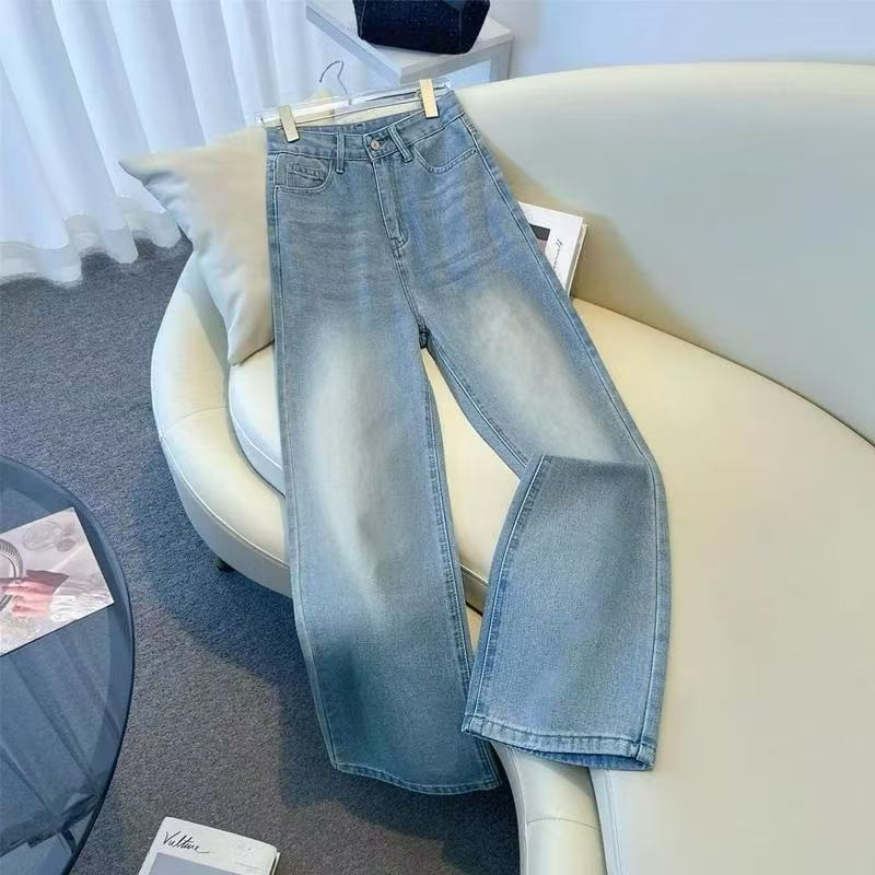 Large Size Loose Wide Leg Straight Jeans for Women Blue Autumn Winter Trendy Pants