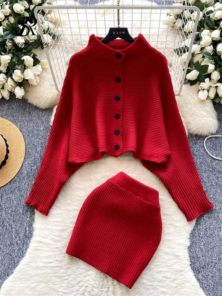 Suits SINGREINY Batwing Sleeve Knitted Autumn Loose Button Design Cardigan+Mini Skirt Winter French Lazy Sweater Two Pieces SetsW260915