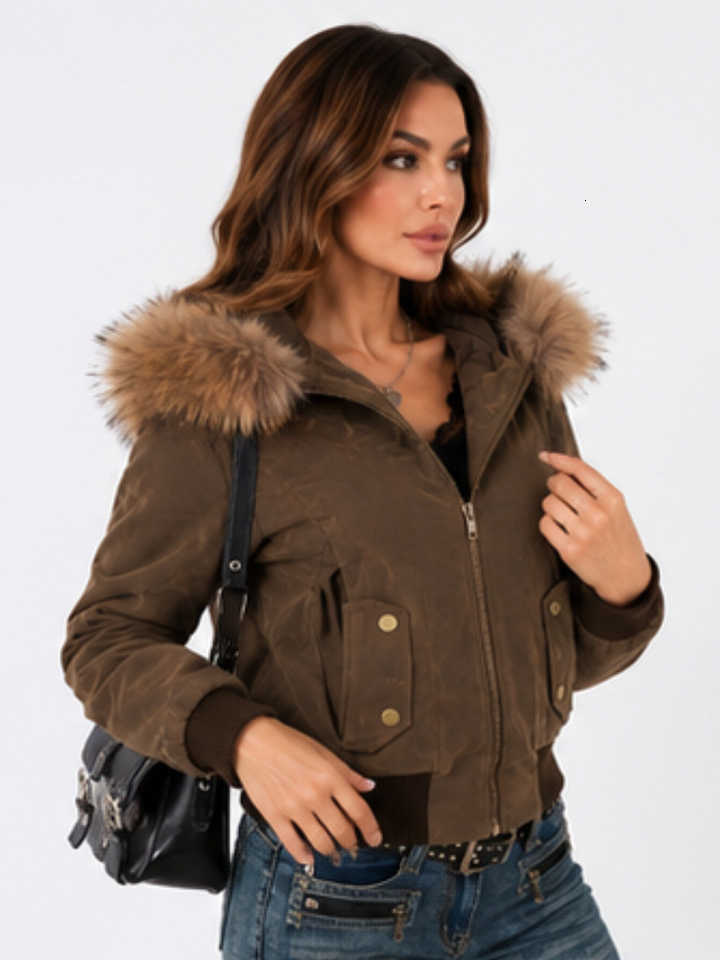 Jacket Vintage American Women Style Slim Brown Fur Collar Hooded Short Parkas Winter Goth Casual Streetwear Fashion Outfit 2026 H260917