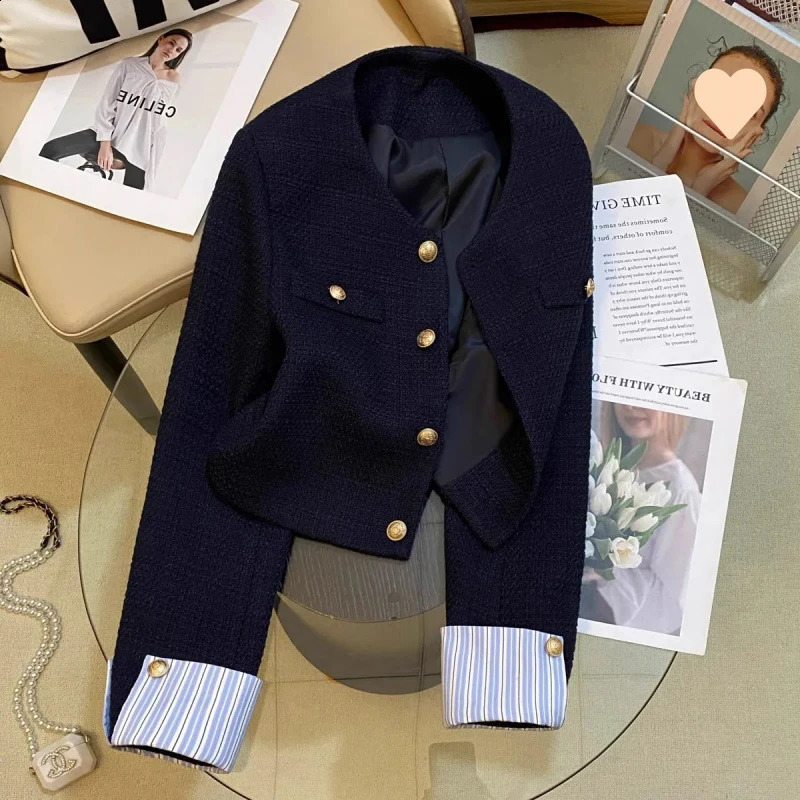 Navy Blue Short Jacket for Women Fashion Striped Patchwork Long Sleeve Coat Woman Spring Autumn French Gold Button Tweed Jacket 260917