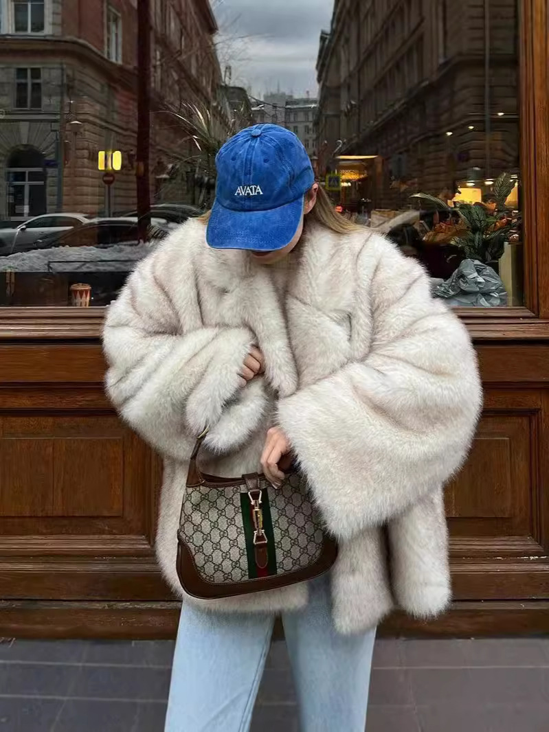 Women Thickened Fall Winter Fluffy Spot Pattern Long Overcoat Loose Silhouette Fashion Outerwear For Ladies Daily Party Social Occasion