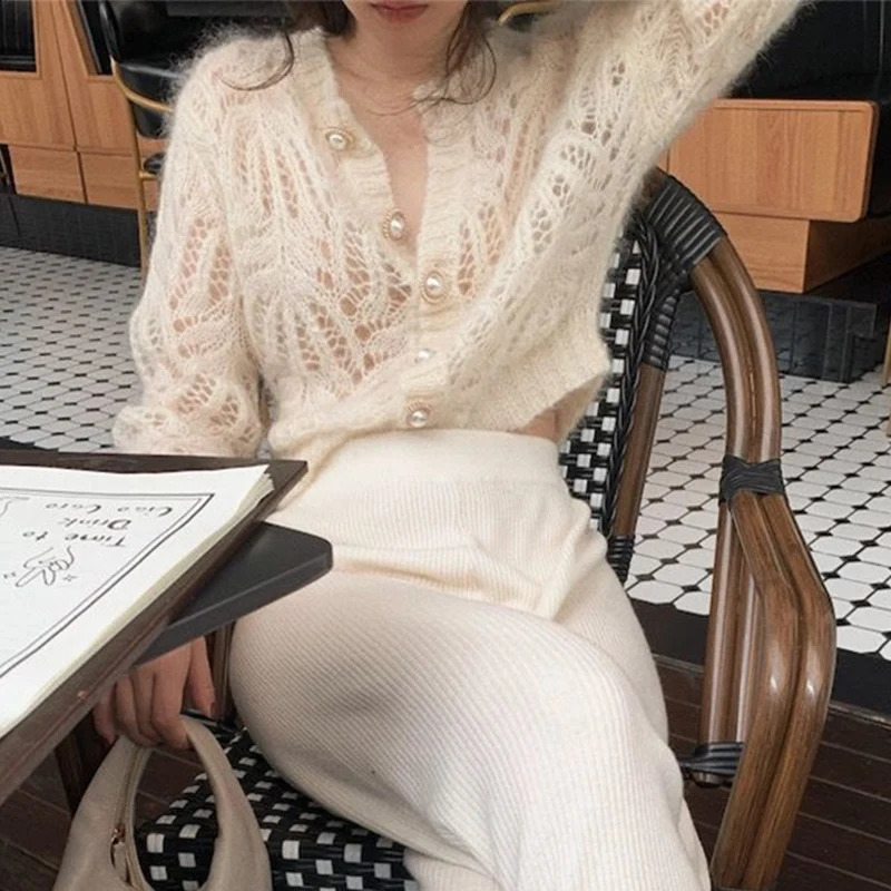 2025 French Style Mohair Cardigan Sweater Women Autumn Sexy Hollow Out Short Knitted Coats Mujer Y2K Chic n Streetwear Tops 260917