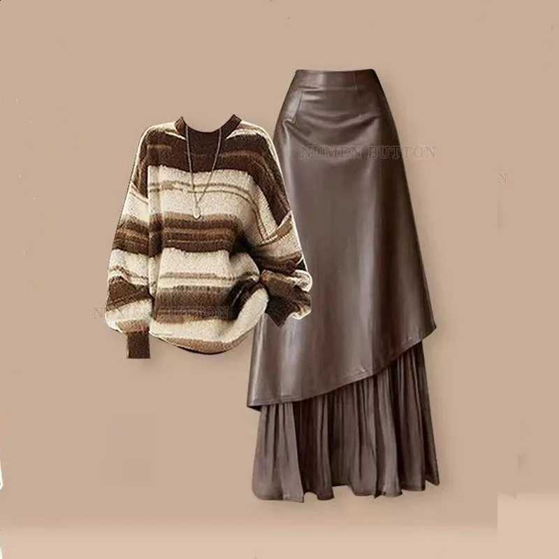 Style French Style Light Mature Complete Outfit for Women Retro Striped Knitted Sweater Style Half Skirt Two-piece Setskirt SetsW260915