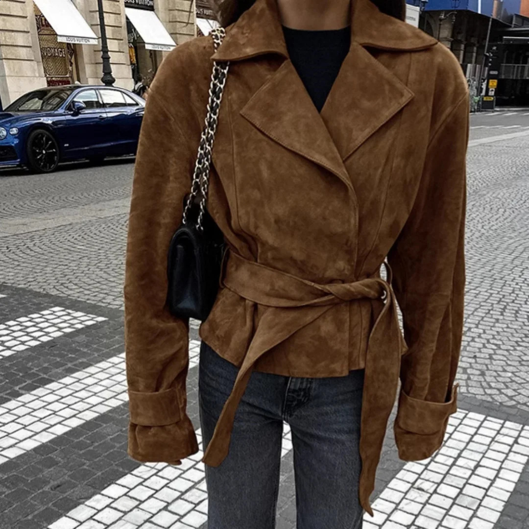 French Suede Laceup Trench Coat Women Trun Down Collar Double Breasted Jacket Autumn Winter Long Sleeve Frosted Velvet Coats 260915