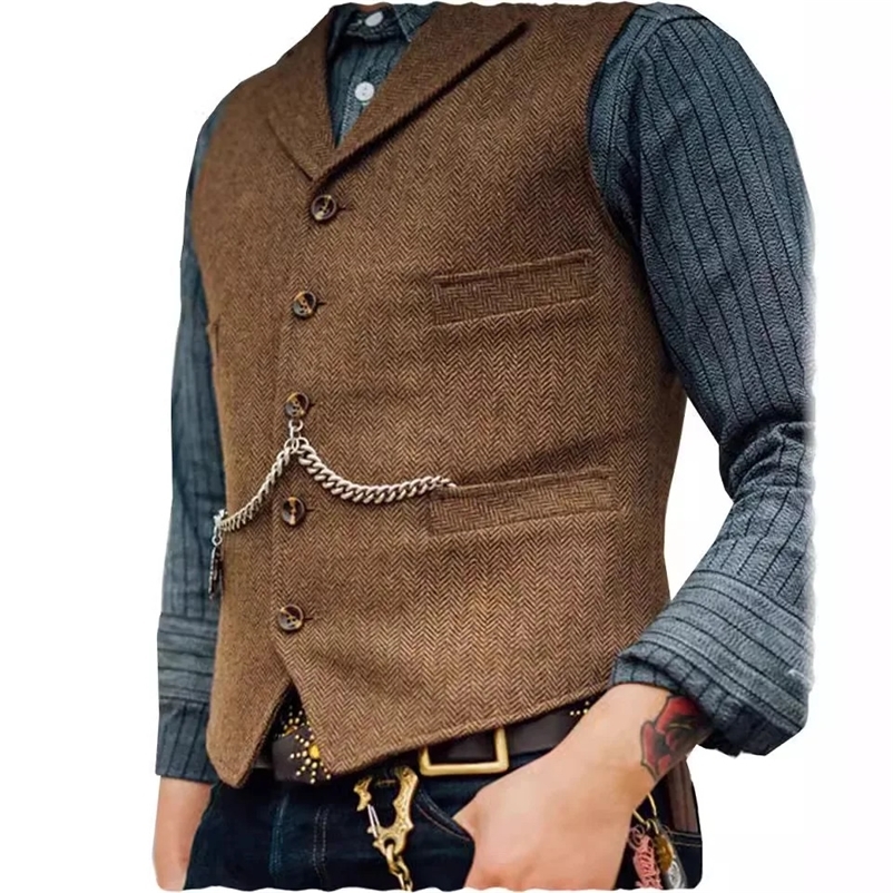 Wool Tweed Men's Suits Vest for Groomsmen Wedding Lapel Casual Slim Business Vests Sleeveless Waistcoat Male Gilet Homme Vests 260916