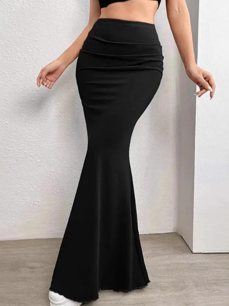 Solid Bodycon Ruched Long Skirt Women Sexy Black Elastic Elegant High Waist Mermaid Maxi Skirts Summer Streetwear 260917