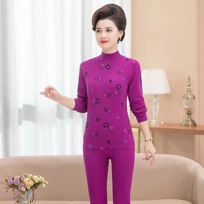 2025 Middle Aged Mother Long Sleeves Tops 2PCS Korean Women Thermal Underwear Outfit Spring Autumn Ladies Fashion Two Piece Suit H260916