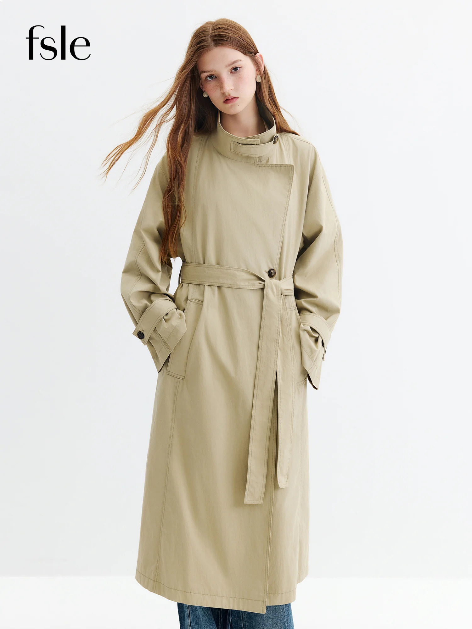FSLE 2026 Autumn Women's Effortless Relaxed Stand Collar MidLength Trench Coat Oversized Loose Fit for Casual Daily Wear 260917