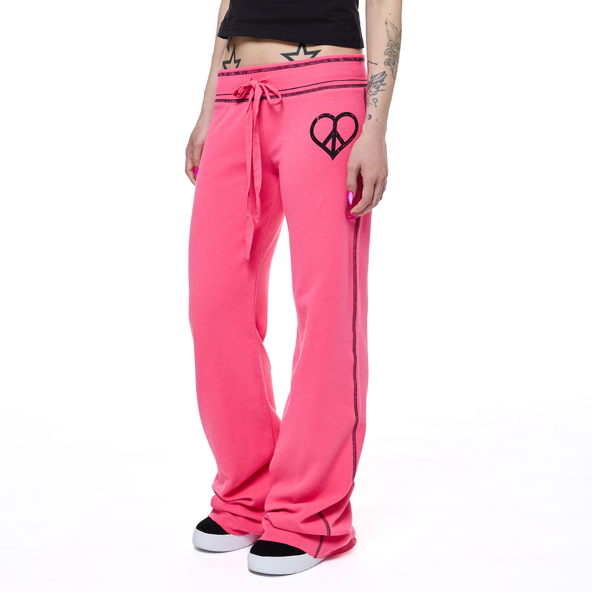 Retro color-blocked, subtly flared, heart-shaped diamond print, distressed effect, low-waist, drawstring, flowing fabric, trendy and casual d9
