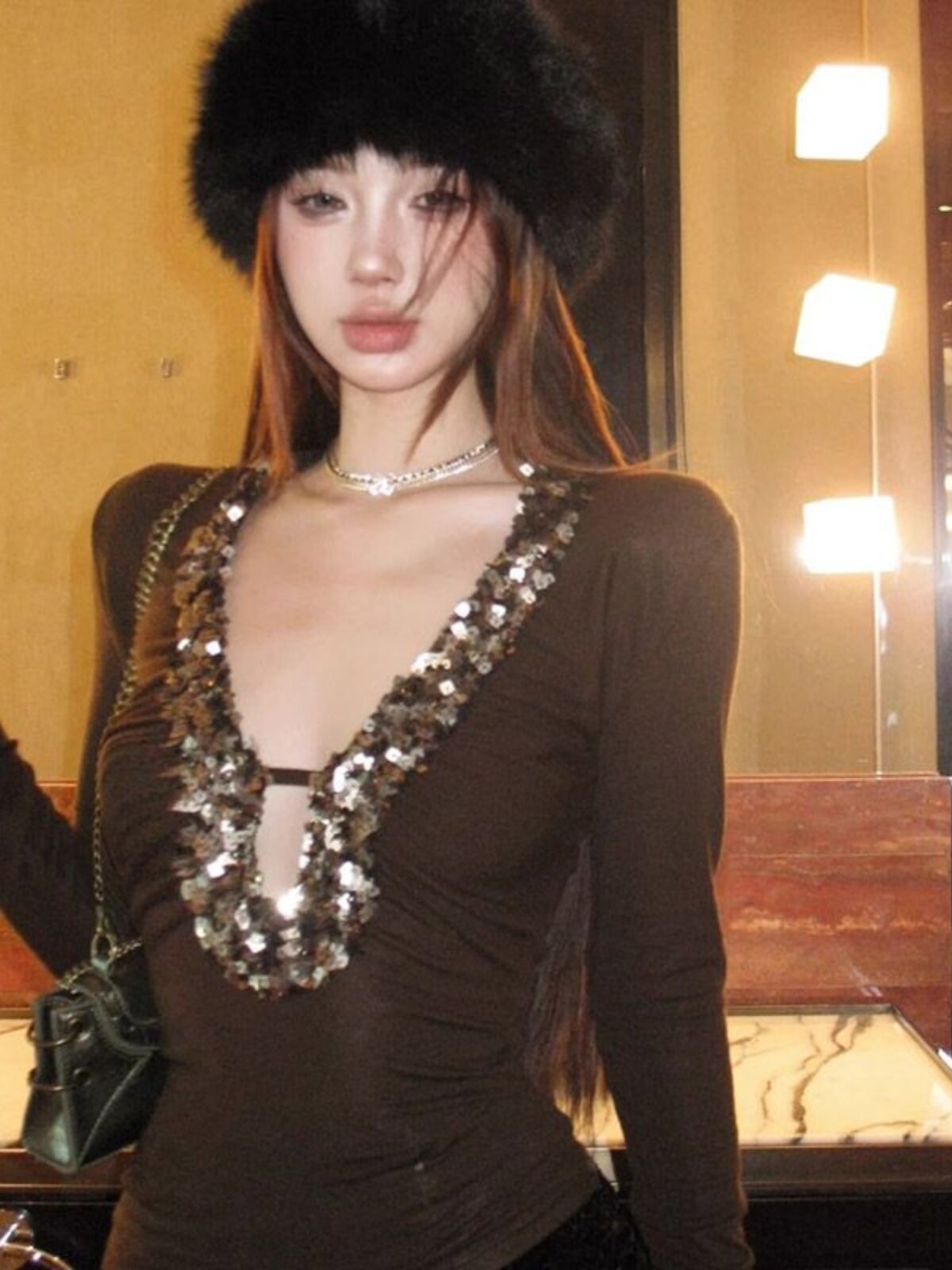 Korean-style spring and autumn sequin patchwork hollow-out T-shirt for women, 2026 new slim-fit base layer, sexy inner top 66
