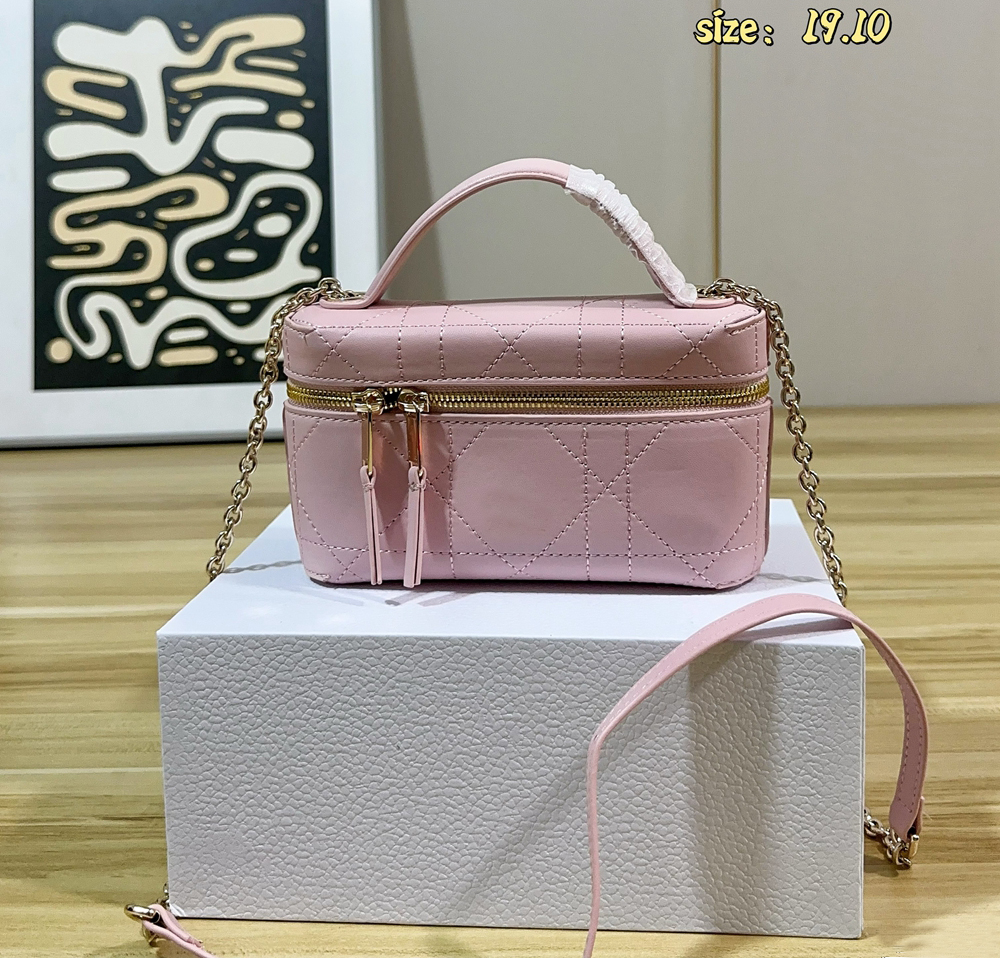 Brand Women Quilted Mini Vanity Case 19x10cm, Top Handle Makeup Box Handbag, Gold Metal Chain Crossbody Purse with Detachable Adjustable Leather Sho