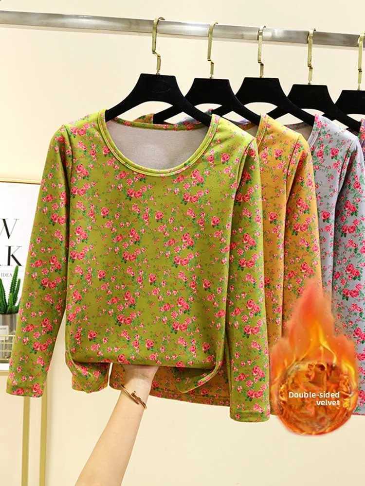 plus Size Warm Underwear round Neck Fleece Lined Layering Slim Fit Floral Print Winter Thermal Top for Middle-Aged And Elderly H260916