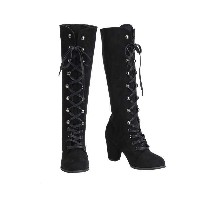 Knee Women Medieval High Victorian Boots Gothic Suede Chunky Heel Lace Up Mid Calf Shoes Cosplay Costume D260917