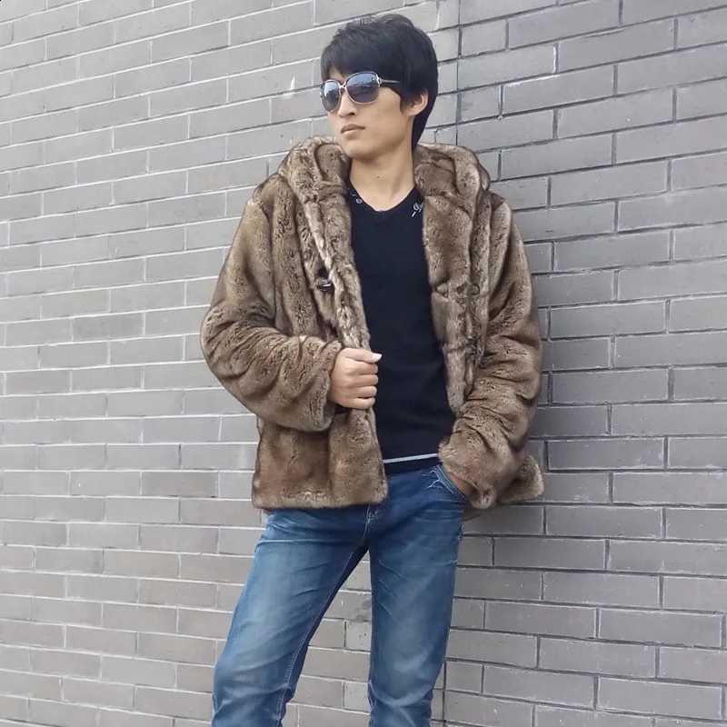 Fur Hooded Faux Men Mink Jackets Cardigan Coat Outerwear Single Breasted Jacket Thick Warm Fur Pockets Casual Winter 2025 W260915