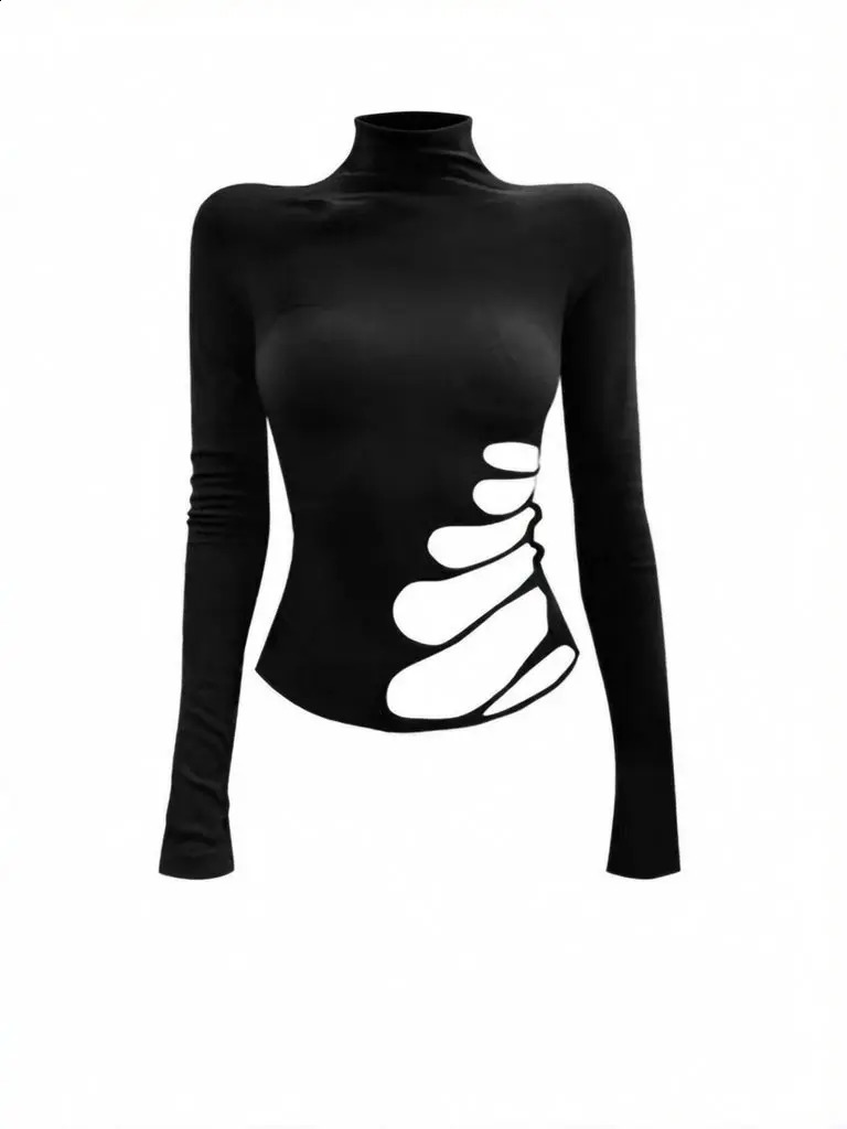 Sexy Cool Black Hollow Out Turtleneck Long Sleeve T Shirt Women Slim Fitted Skinny Top Spring Fall Basic Tees 260917