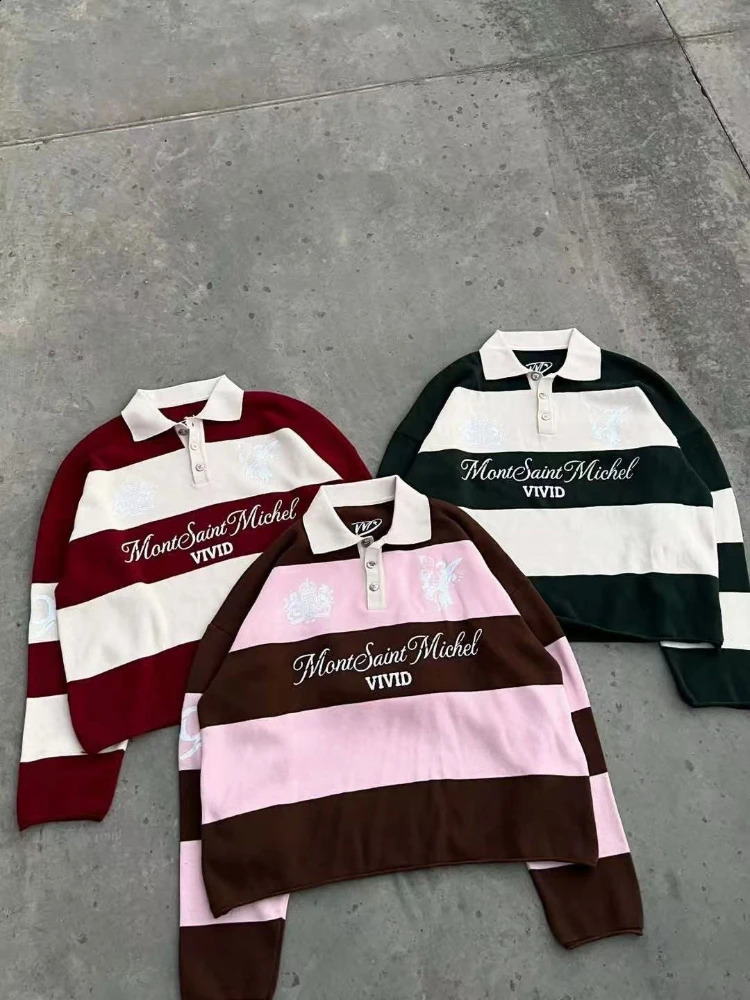 2026 Stripe Color Matching Ins Style American Retro Long Sleeve Polo Shirt Mens and Womens Personalized Street Trend 260915