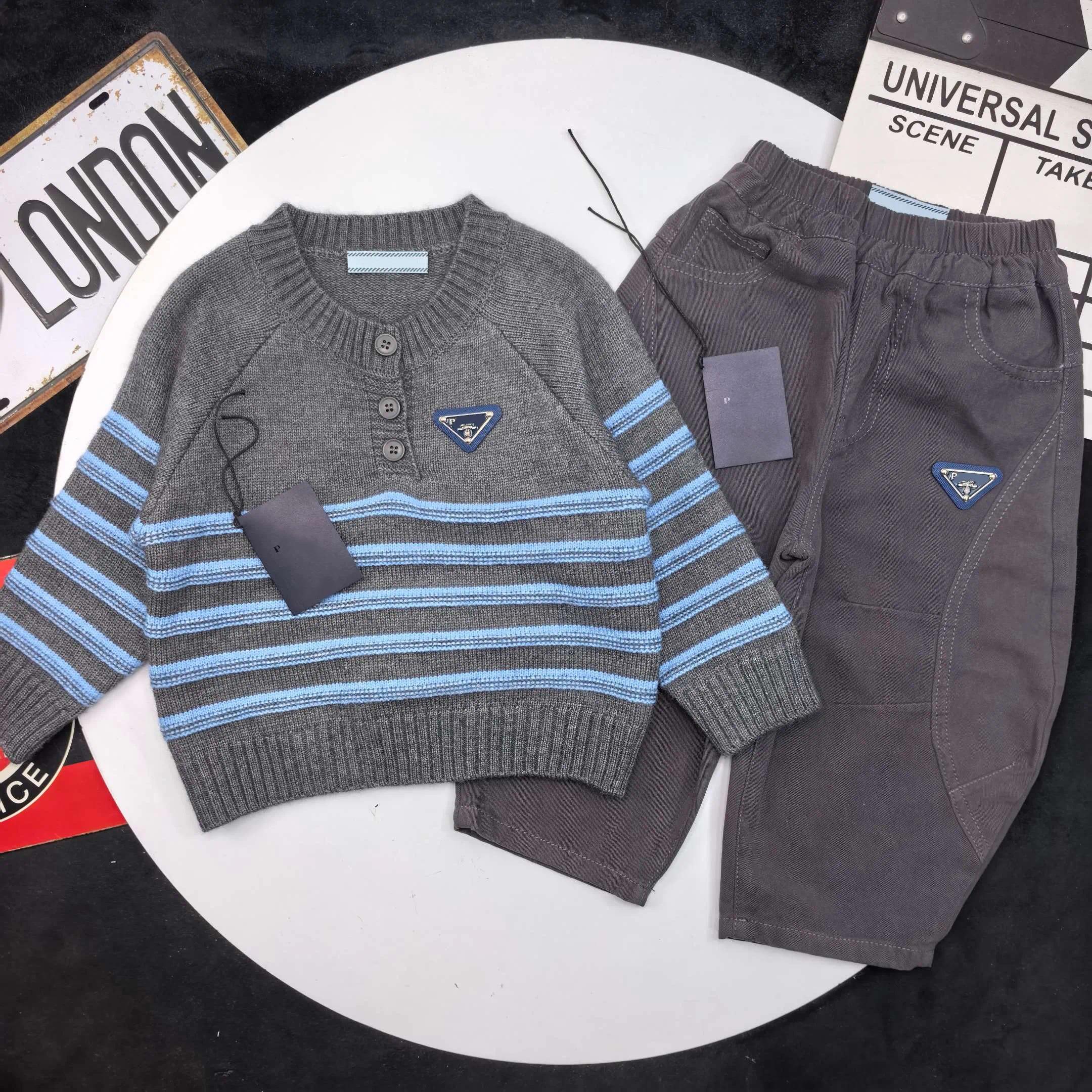 Luxury Designer Kids Clothes Boys 2 Piece Outfit Toddler Knit Sweater Cargo Denim Pants Set Boy Casual Children Clothing Suit ad
