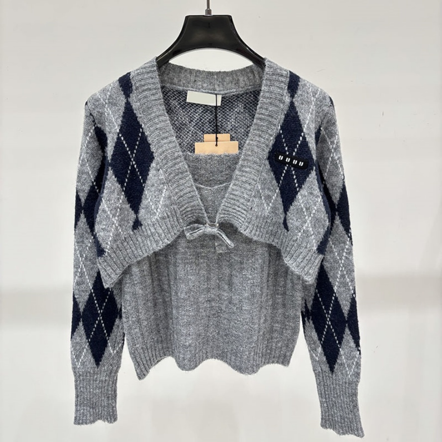 Women Argyle Embroidery Sweater Set Designer Elegant Sexy Knit Camis Crop Cardigan Set Retro Academia Casual Vacation Knit Vests Sweater