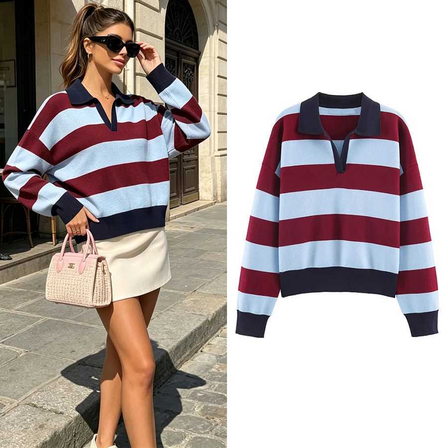 Women Elegant Striped Polo Shirt Knit Color Blocked Long Sleeve Lapel Warm Sweater 2026 Spring Autumn Casual Vacation Outfit X260916
