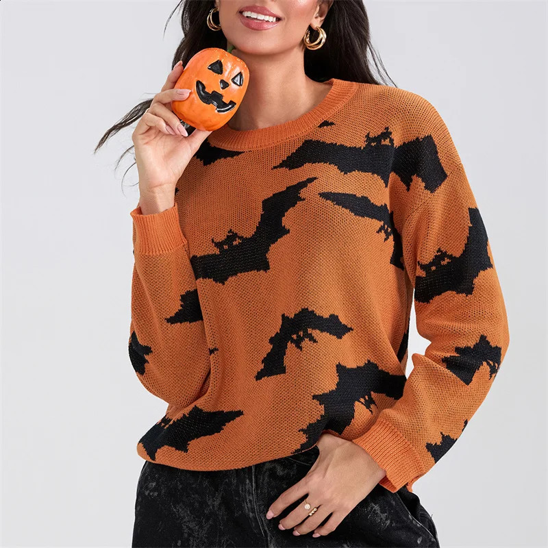Lamuusaa Halloween Sweater y2k Women Bats Print Round Neck Long Sleeve Pullover Tops Soft Warm Clothes Fall Winter Streetwear 260917
