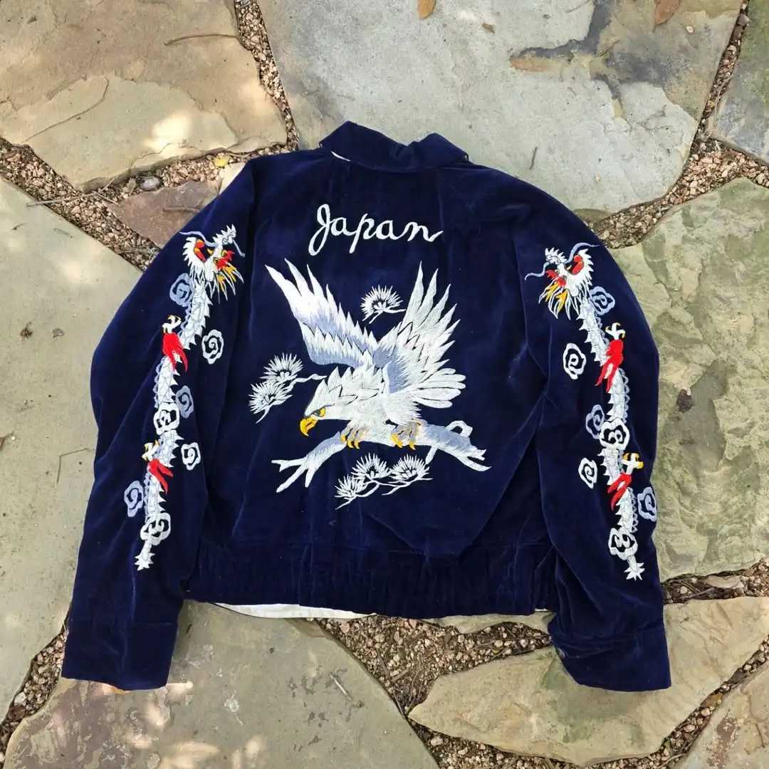 Vintage Japanese Sukajan Velvet Bomber Jacket Eagle Dragon Embroidery Navy Blue Souvenir Jacket Retro Streetwear X260916