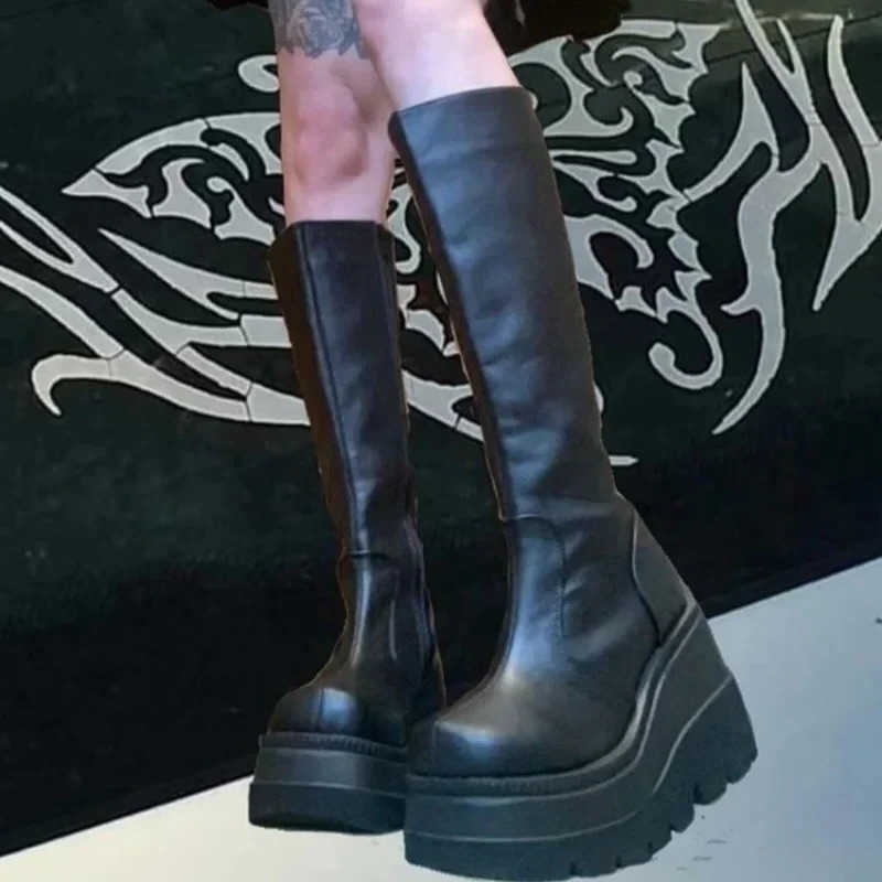 Women fashion Platform 2024 New Combat Winter Heels Quality Long Thigh High Zipper Knee High Boots Botas Mujer Platform Shoes D260917