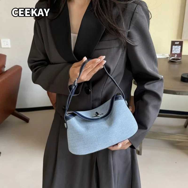 CEEKAY Daily Shoulder Hobo Bag For Women Light Blue Denim With Dark Trim Large Capacity Zipper Purse For Commute Travel Work H260916
