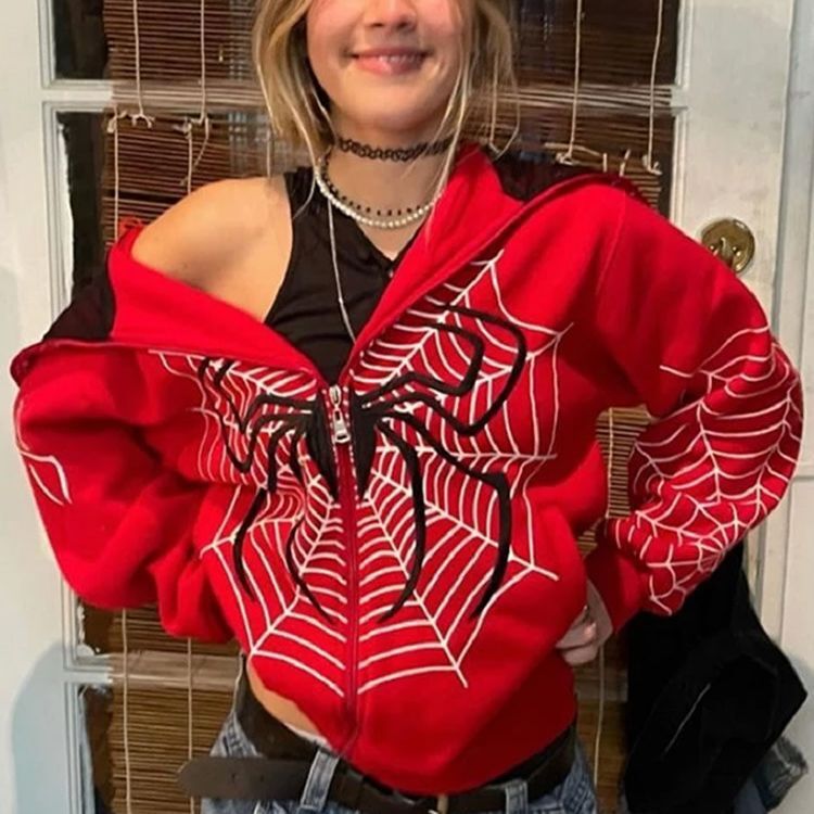 2023 Cross-Border New European and American INS Autumn Winter Spider Web Print Street Style Full Zipper Pullover Hoodie 0f