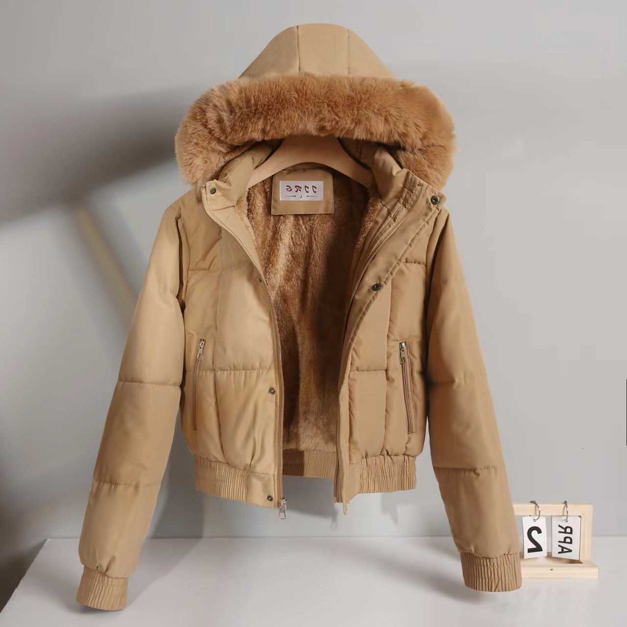 Color Women's Solid Fashionable New Short Hooded Zipper Pocket Large Canopy Loose Fur Collar Thick Casual Winter Bread Jacket H260917