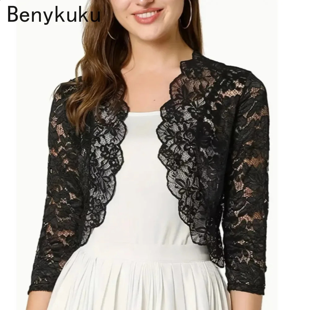 Black White Shrug Bolero Jacket 2026 Summer Clothes Women Floral Lace Cardigan Coat See-through Scalloped 34 Sleeve Crop Tops 260917