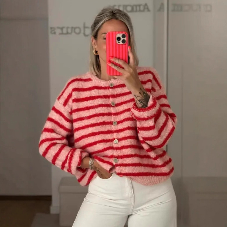 Cross-border bestseller: autumn/winter long-sleeved striped color-block knit sweater, fashionable round-neck casual cardigan for women fb
