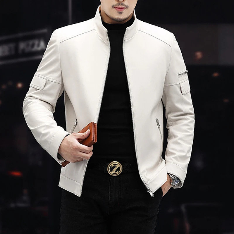 White Leather Jacket For Men 2023 Winter Male Business Simple Standing Collar Short Slim Coat Motorcycle Chaqueta Cuero Hombre 260916