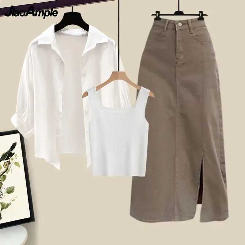 2026 Spring Summer New Women Vintage Cowboy Skirt Matching Set Korean Elegant White Shirt+Knitted Vest+Denim Dress 3-Piece SuitW260915