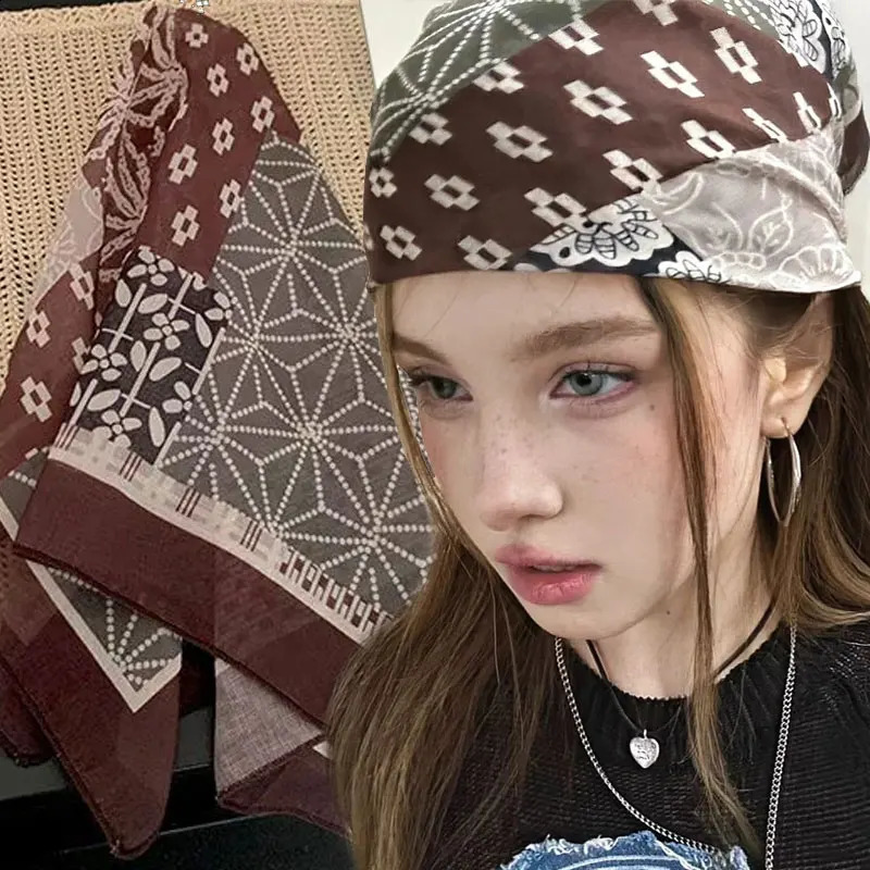 Y2k Bandana Cotton Floral Print Neckerchief Women Korean Linen Square Scarf Elegant Neck Scarves Small Wraps 260916