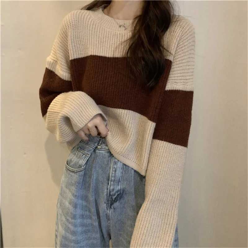 Short Striped Sweater Women's Korean Version Loose Long-slved Knitted Sweater Top S26091763GY
