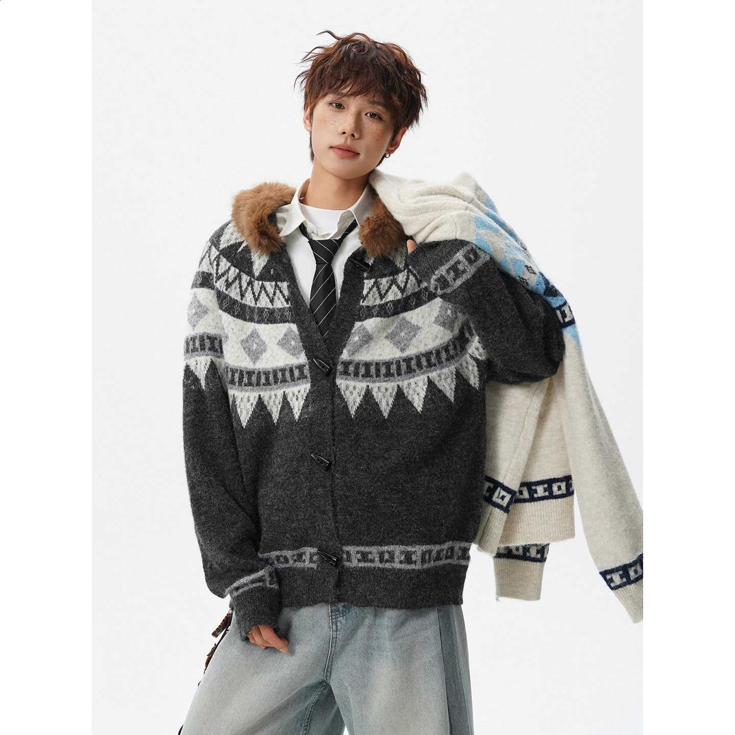 Sweater Isle Knit Oversized Fair Faux Fur Collar Unisex Couple Winter Warm Dark Gray Apricot J260916