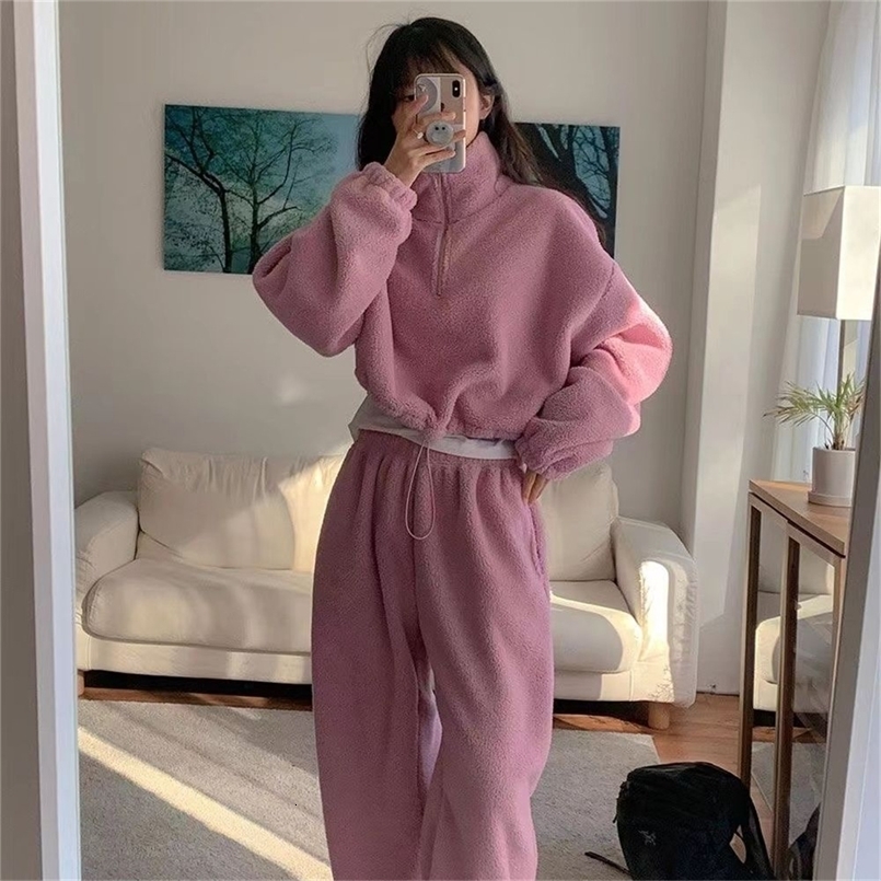 Stand Neck Hoodie Pants Set For Women Autumn Winter Solid Warm Thick Lamb Fleece Suit Long Sleeve Tops Elastic Waist Pant Casual 260916