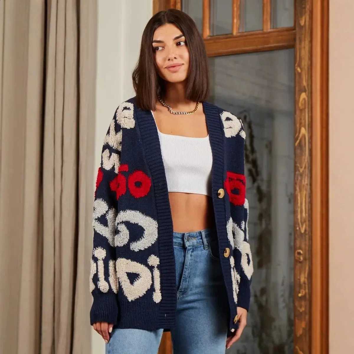 Women Knitted Coats Cardigan V Neck Full Sleeve Print Letter Coat Sweaters Jumpers Elegant Splice Autumn Winter Open Stitch J260916