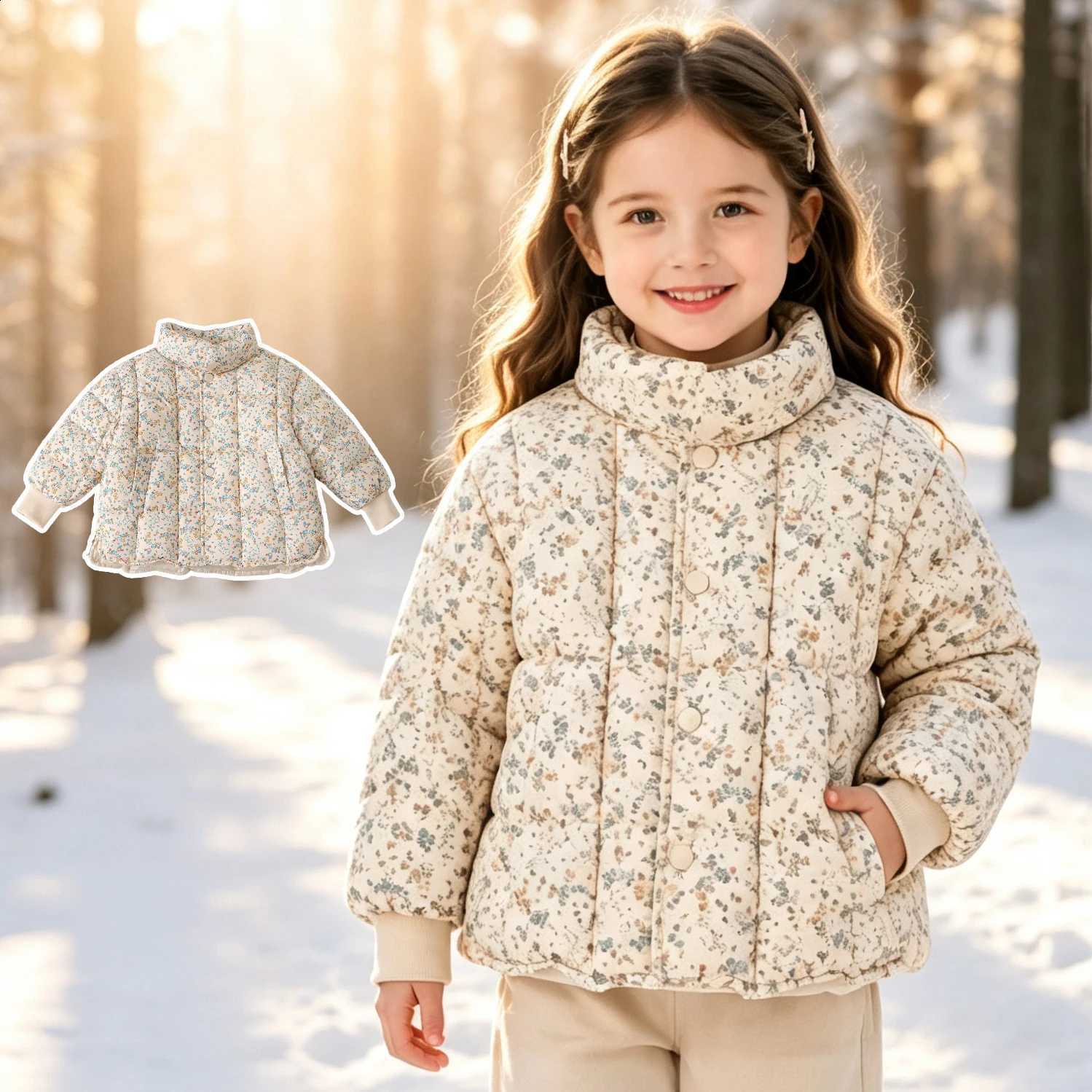 Baby Girls Floral Print Down Cotton Jacket 2026 Autumn Winter Kids Stand Collar Thicken Warm Coat Children Clothing OuterwearT260916