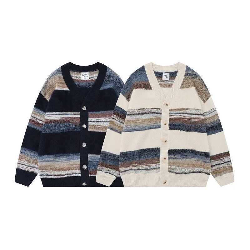 Striped Flat Knitted Cardigan Single Breasted Sweater Long Sleeve Jumpers Men O Neck Loose Fit Button Casual Slight Strech S260917VG6A