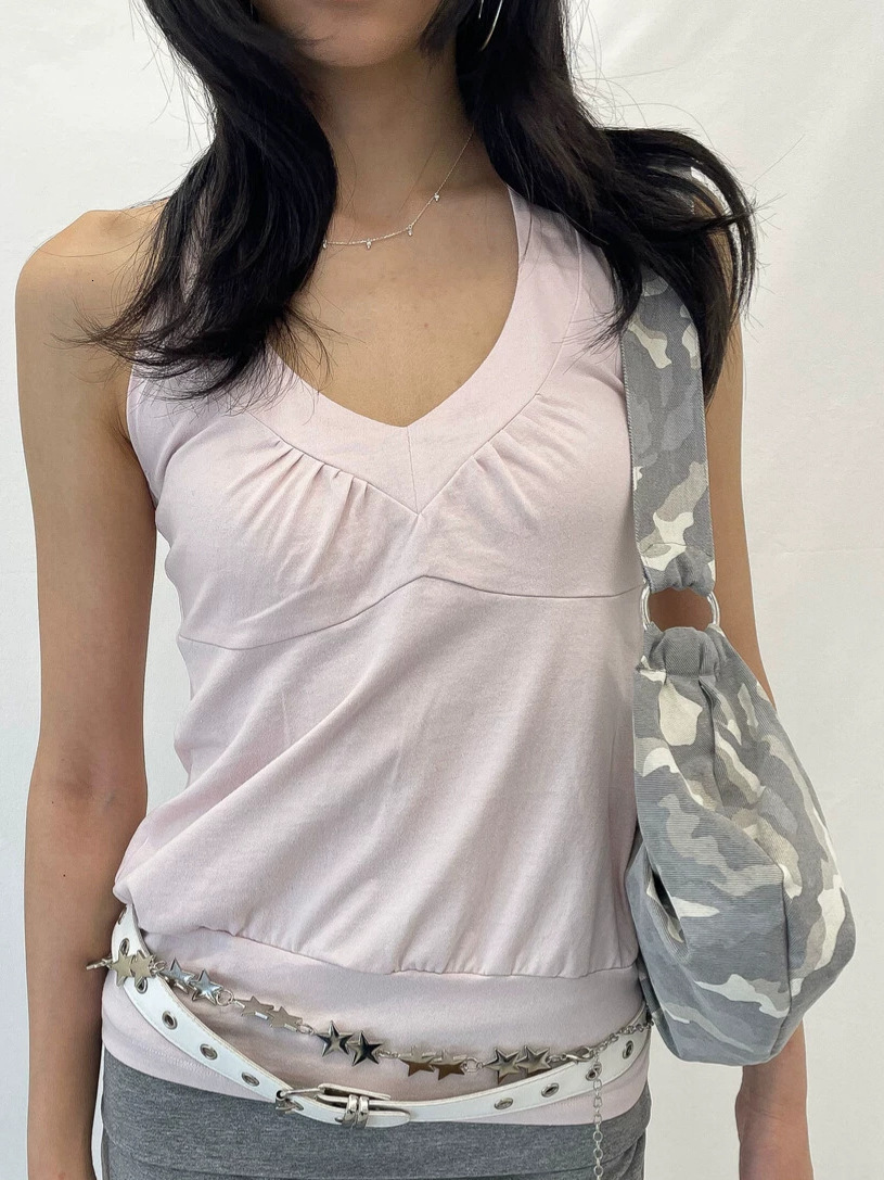 2026 Cross-border Casual Y2K Halter Neck Pleated V-neck Vest Pure Edge Trim Neckline Slimming Sleeveless Top for Women 85