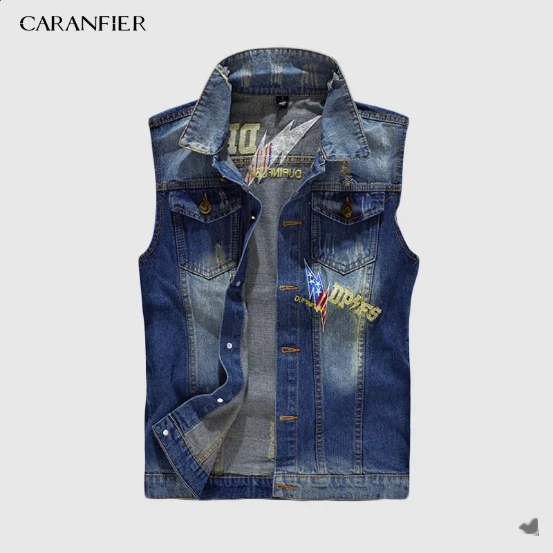 CARANFIER Denim Vest Men's Punk Rock Rivet Cowboy Black Jeans Waistcoat Male Motorcycle Jacket Coat Sleeveless Splice Clothing 260917