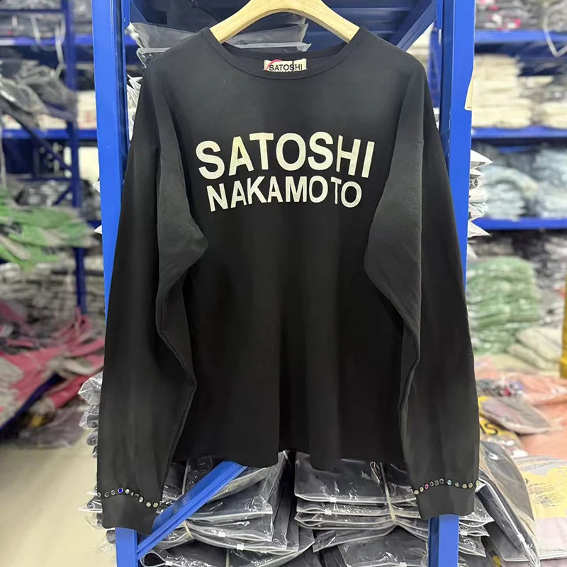Men Women Street Satoshi Nakamoto Tshirt Long Sleeve Rivet Pattern Sleeve Waffle Fabric Vintage Oversized T Shirts Po 260917