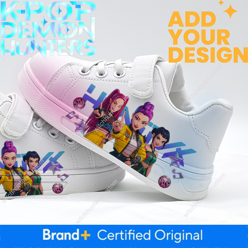 Foreign Trade KPOP Demon Hunter Group UV Printed Children's Sneakers Three Sisters Velcro White Girls' Trendy Cartoon Shoes